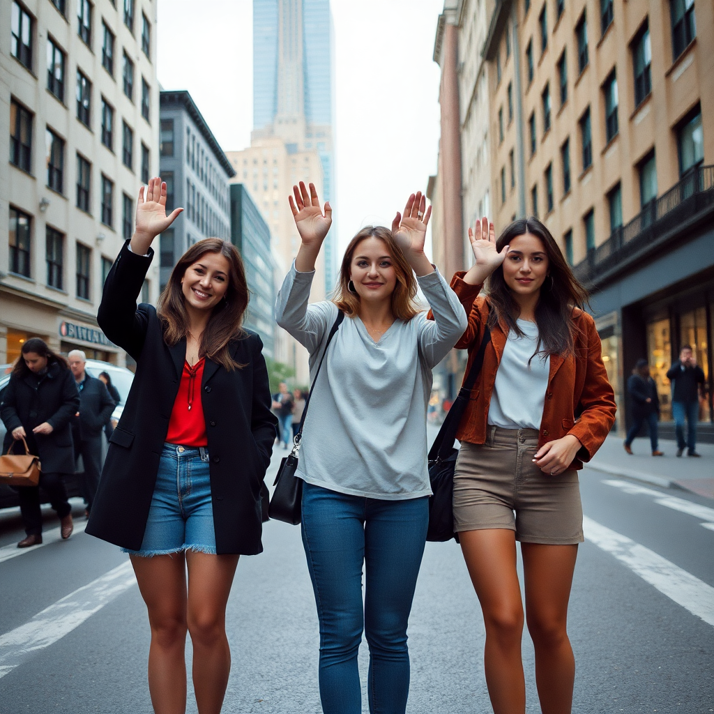 filmic photo of a group of three women on a street downtown, they are holding their hands up the camera