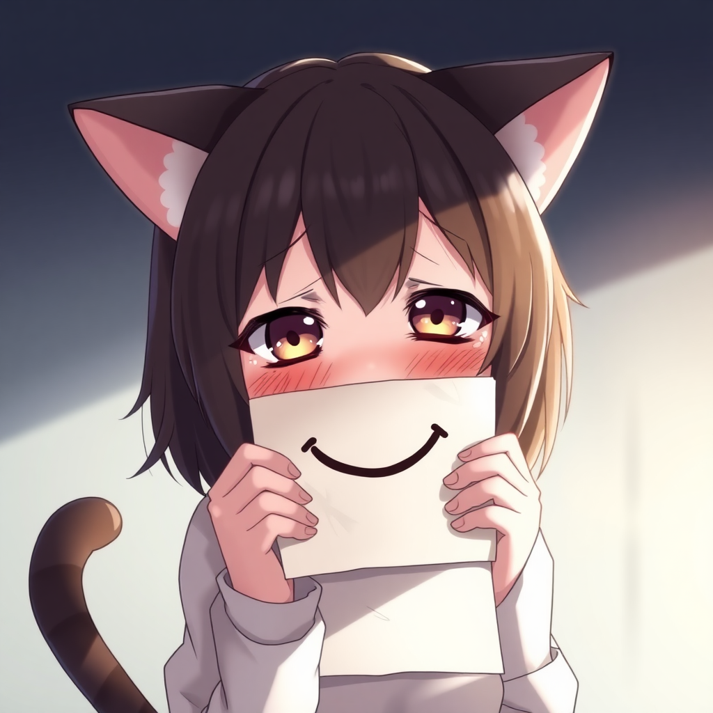 beautiful anime artwork, a cute anime catgirl that looks depressed holding a piece of paper with a smile drawn on it over her mouth, she is about to cry