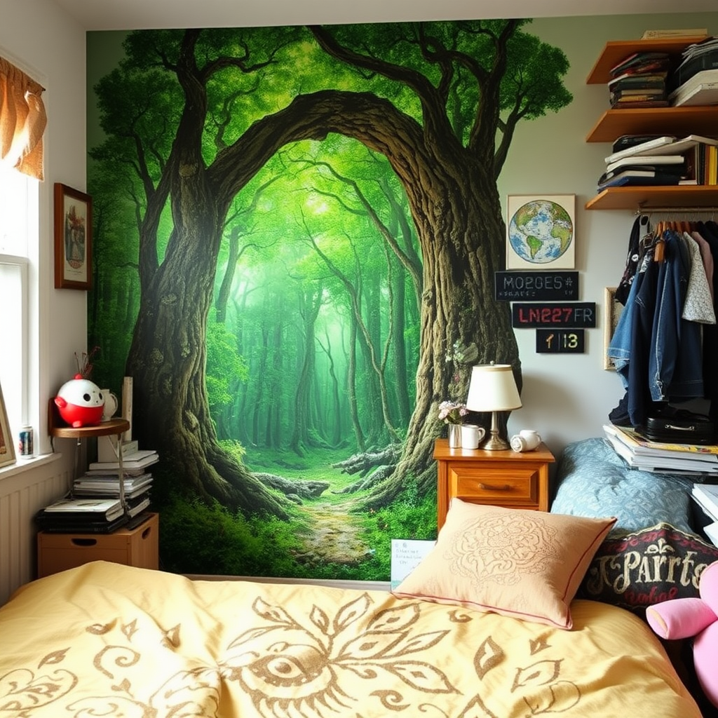 a portal into a mythical forest on the wall of my small messy bedroom