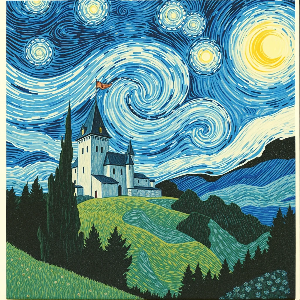 a castle on the hill in the style of vincent van gogh starry night. 80s Polaroid