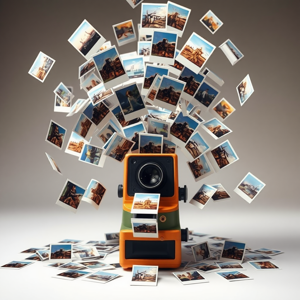 A machine generating endless of polaroid images and blowing them up into the air. Realistic National geographic photo