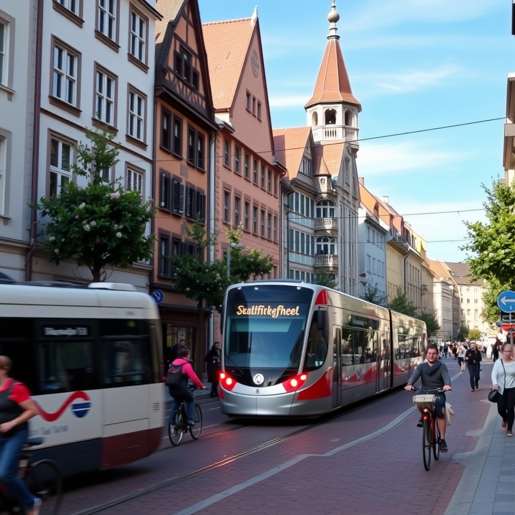 a photo of a beautiful street in Freiburg with a tram passing by and people walking about and riding bikes