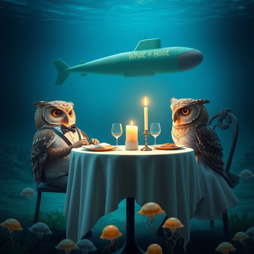 underwater scene of two owls sitting at a fancy dining table with a lit candle in the center, the two owls are having a lovely dinner together. The left owl is wearing a tuxedo, the right owl is wearing a nice dress. In the background is a submarine passing by with the words “What a Hoot” painted on its side. There are little jellyfish swimming around at the bottom of the image below the table, cinematic beautiful digital artwork