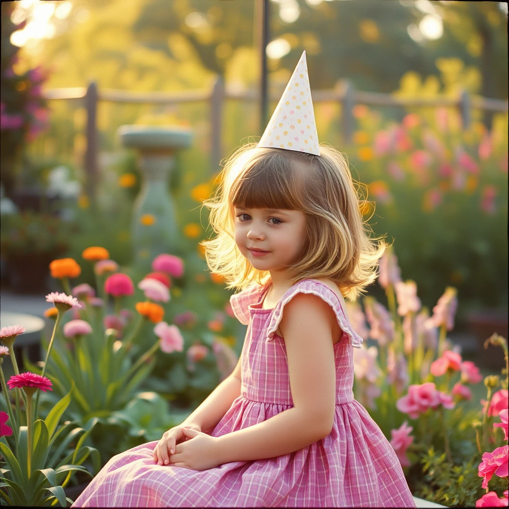 A birthday girl in a garden, painted in the style of Claude Monet's Impressionism. 70s Kodak, soft focus, warm evening light